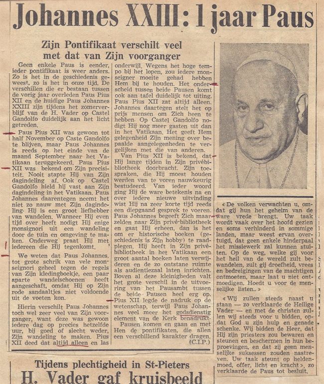 Johannes XXIII 1 jaar Paus: zijn Pontificaat verschilt veel met dat van Zijn voorganger