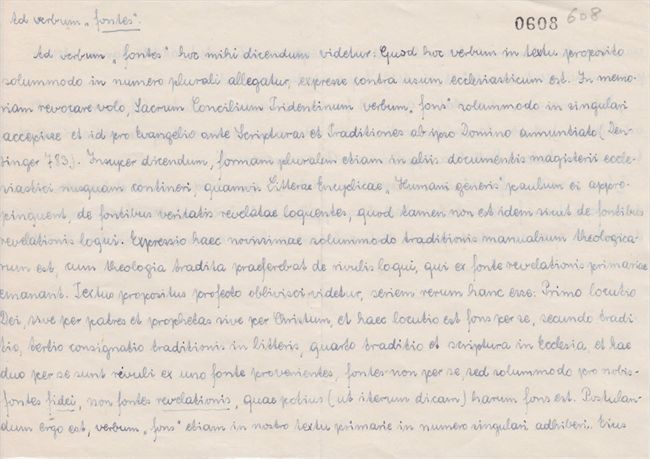 Handgeschreven kritiek van Ratzinger op het schema over de bronnen van de openbaring, 1962