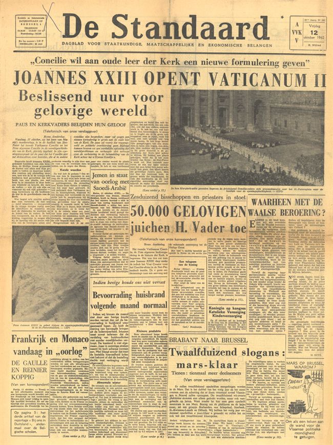 Voorpagina De Standaard 12 oktober 1962: Johannes XXIII opent Vaticanum II, Concilie wil aan oude leer der Kerk een nieuwe formulering geven